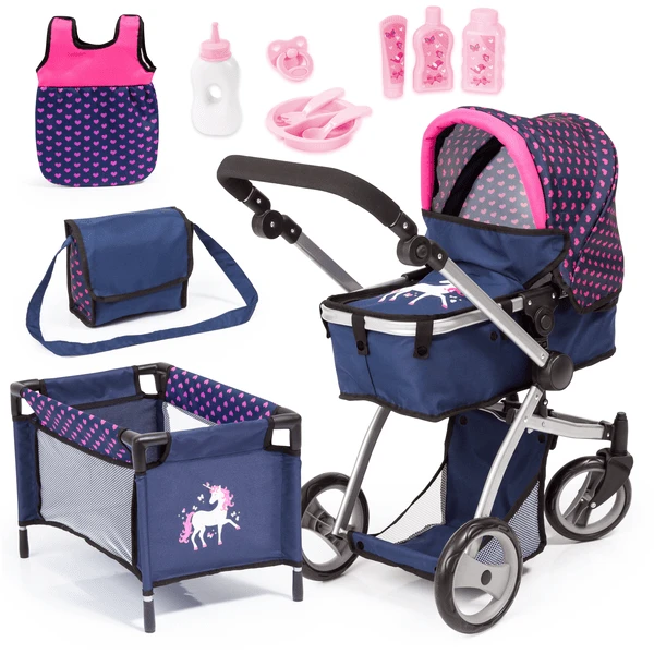 Bayer Design Combinatie Poppenwagen Mega Set, Blauw Met Hartjes En Eenhoorn 1 Bayer Design Combinatie Poppenwagen Mega Set, Blauw Met Hartjes En Eenhoorn