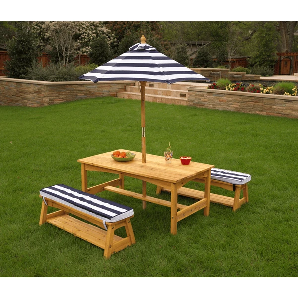 Kidkraft® Kinder Tuintafelset Met Bankjes, Kussens En Parasol, Blauw Met Witte Strepen 2 Kidkraft® Kinder Tuintafelset Met Bankjes, Kussens En Parasol, Blauw Met Witte Strepen - Afbeelding 2