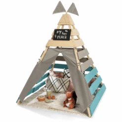 MUDDY BUDDY Speeltent Tipi Voor Buiten "Dreamer" Naturel-warm Grijs-petrol Blauw -Kinderspeelgoed muddy buddy speeltent tipi voor buiten dreamer naturel warm grijs petrol blauw a412375 2